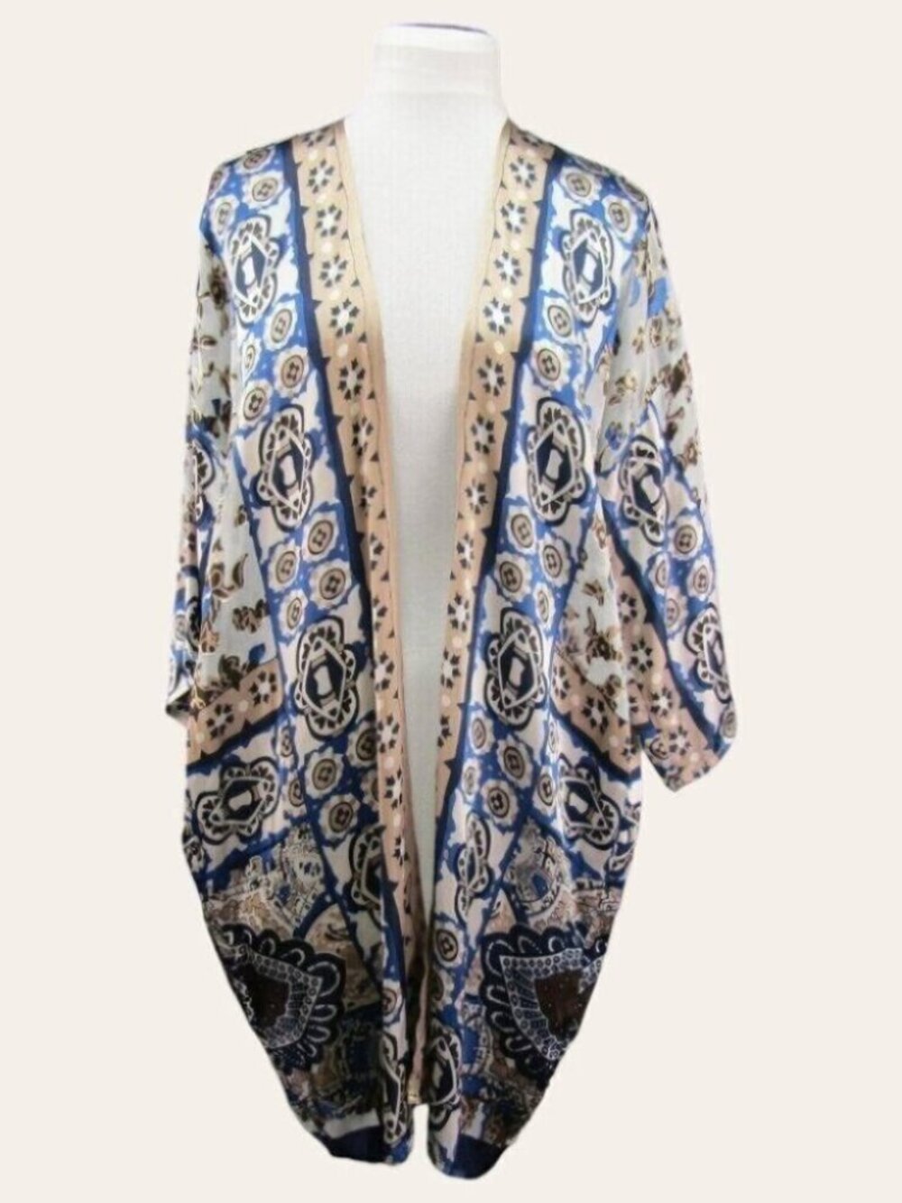 Chicos Travelers Cream Blue Brown Floral Sheer Kimono Style Jacket Size S M